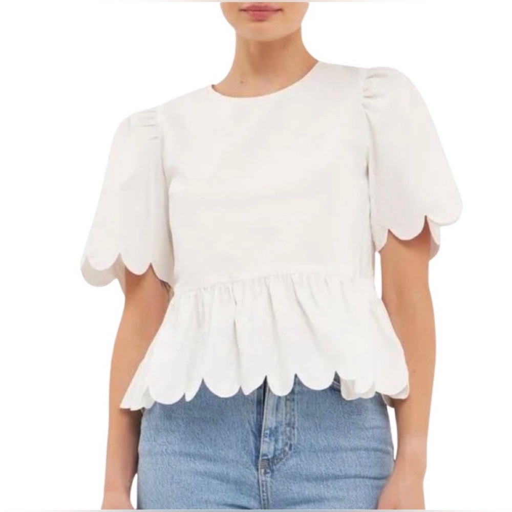 English Factory Scallop Edge Cotton Peplum Top in White Size XS NWOT